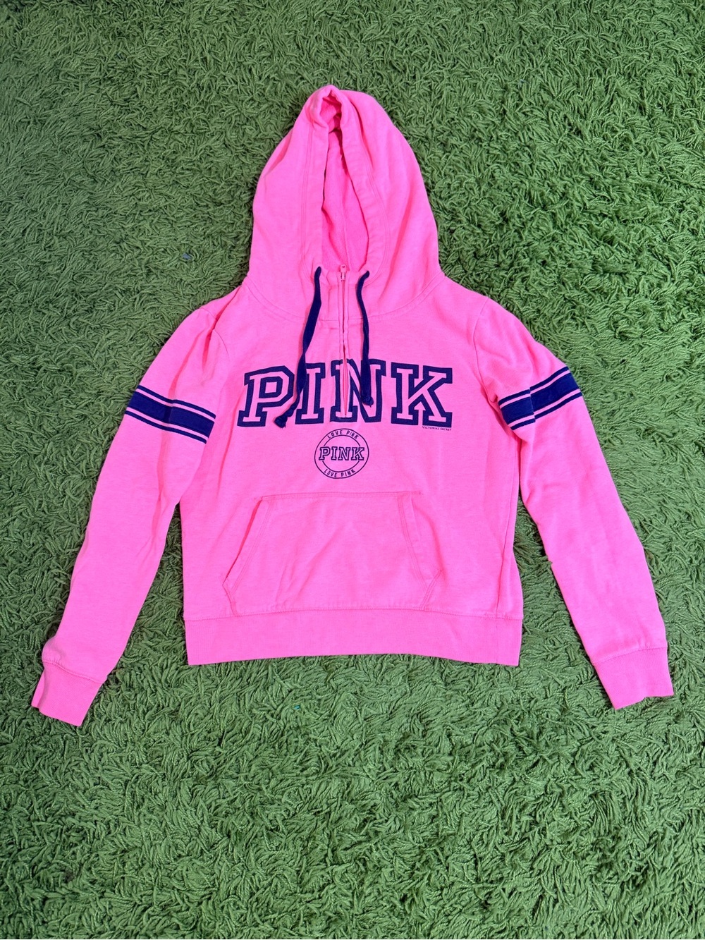 Victoria's Secret PINK Hot Pink Hooded Sweatshirt with Navy Stripes